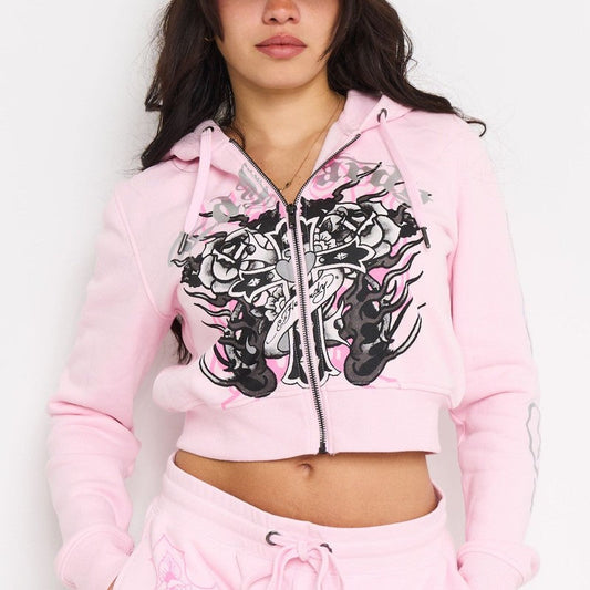 Flame Cross Zip Front Hoodie PINK BALLERINA | Ed Hardy
