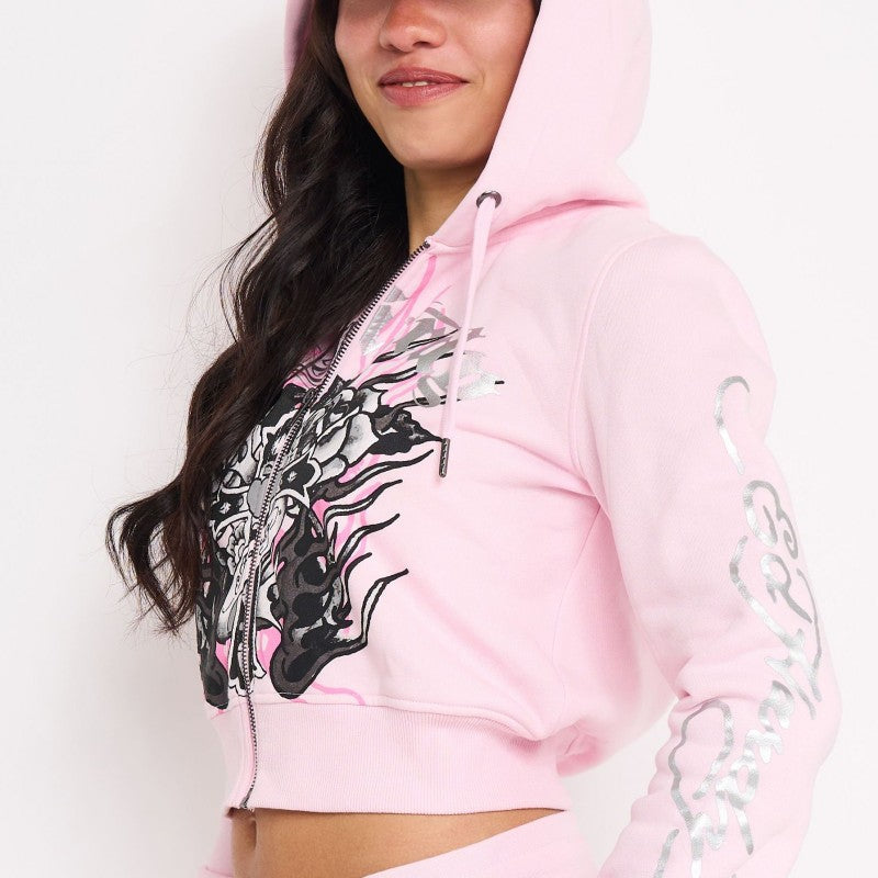 Flame Cross Zip Front Hoodie PINK BALLERINA | Ed Hardy