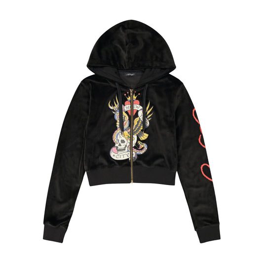 NYC Skull Y2K Velour Hoodie Black Velvet | Ed Hardy