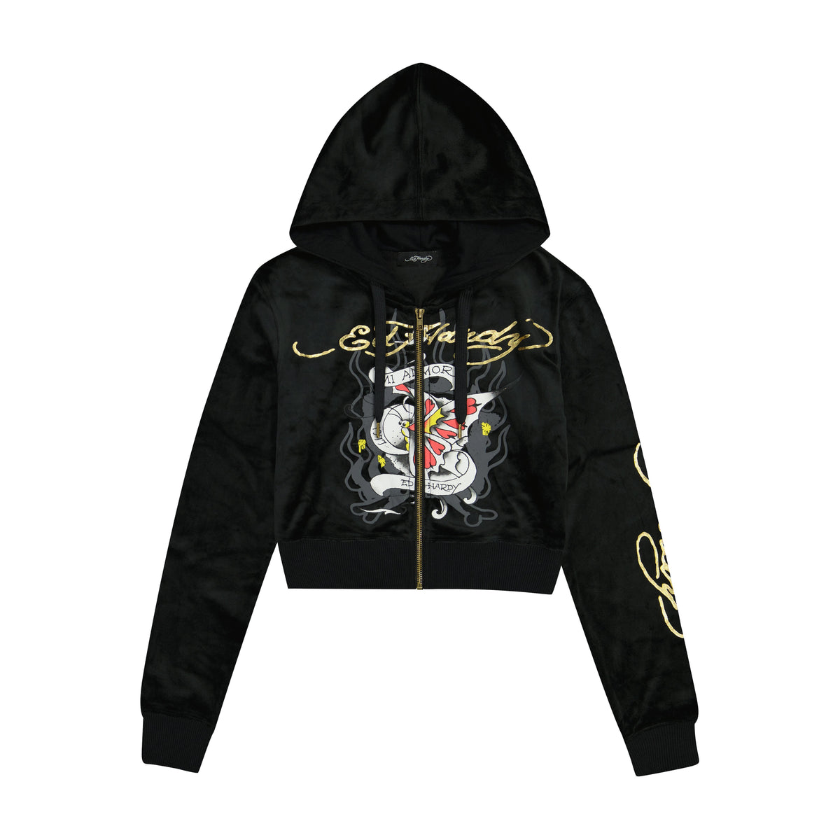 Amor Butterfly Velour Zip Front Hoodie BLACK | Ed Hardy