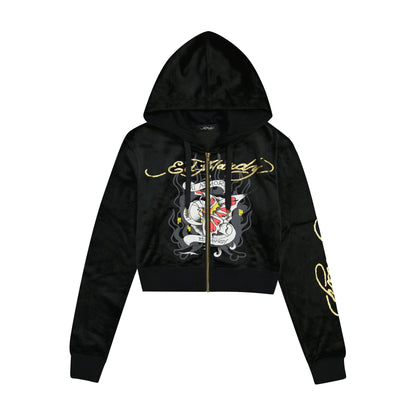 Amor Butterfly Velour Zip Front Hoodie BLACK | Ed Hardy