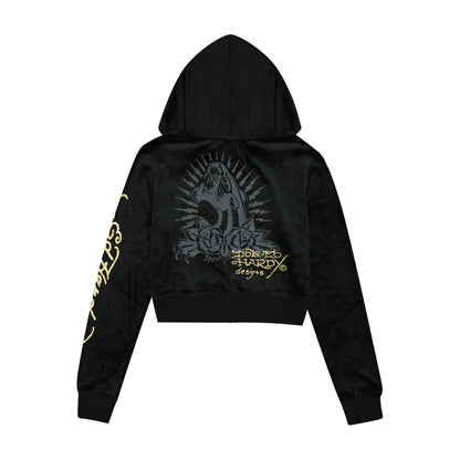 Amor Butterfly Velour Zip Front Hoodie BLACK | Ed Hardy