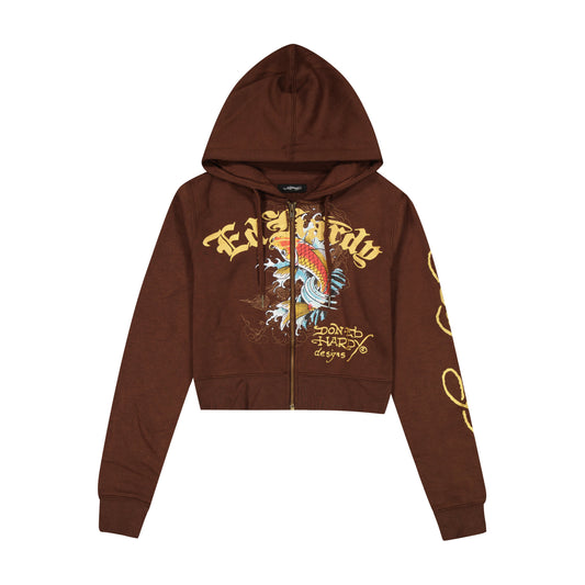 Koi Fish Y2K Zip Front Hoodie COCOA | Ed Hardy