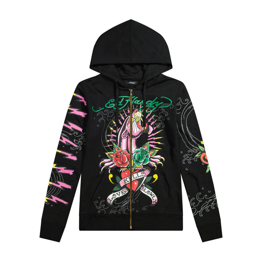 Pink Panther Long Fleece Hoodie | Women's Y2K Hoodie | Ed Hardy BLACK | Ed Hardy