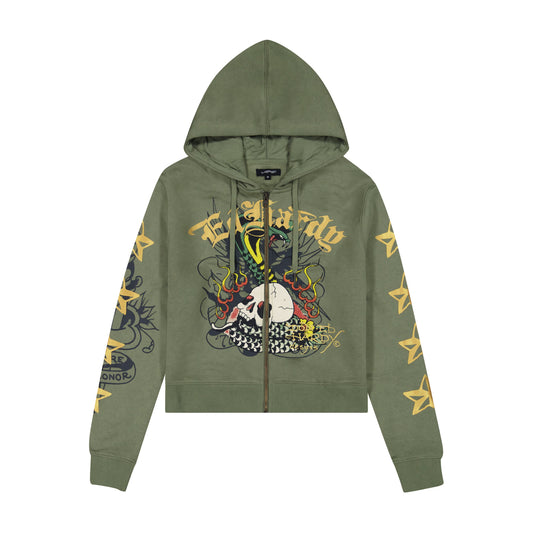 Cobra Flame Zip Front Hoodie (Relaxed) LT OLIVE | Ed Hardy