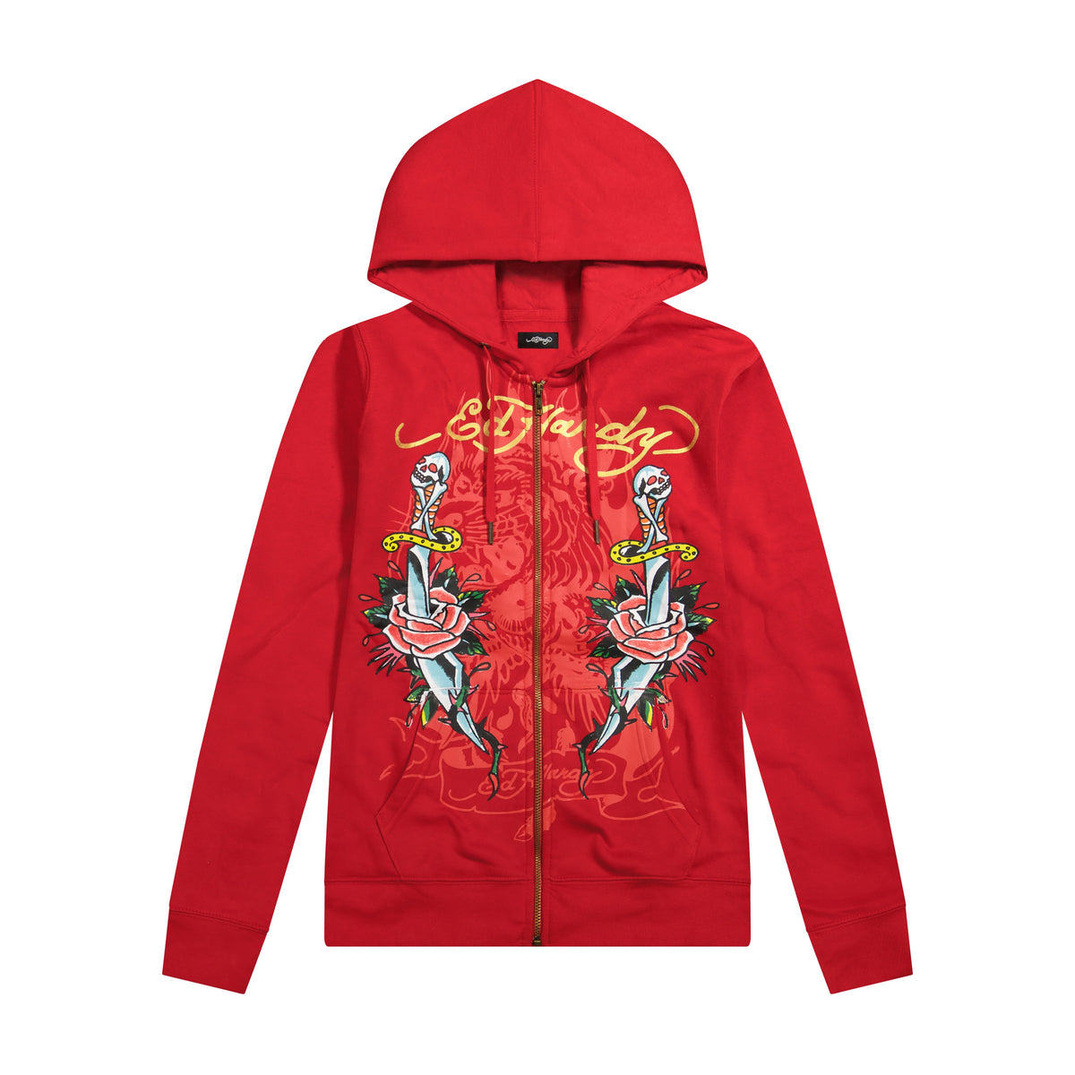 Dagger Roses Long Fleece Hoodie | Women's Y2K Hoodie | Ed Hardy RED | Ed Hardy