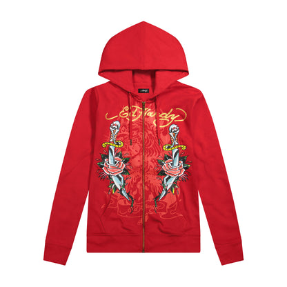 Dagger Roses Long Fleece Hoodie | Women's Y2K Hoodie | Ed Hardy RED | Ed Hardy