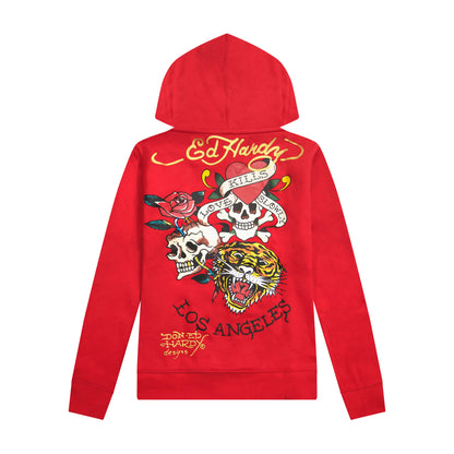 Dagger Roses Long Fleece Hoodie | Women's Y2K Hoodie | Ed Hardy RED | Ed Hardy