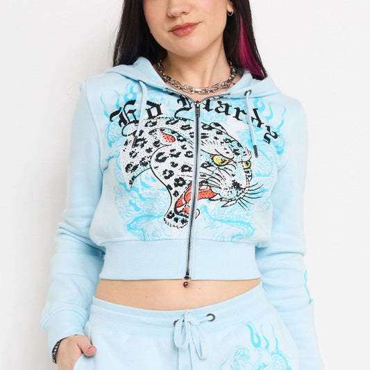 Blue Leopard Rhinestone Zip Front Hoodie BABY BLUE | Ed Hardy