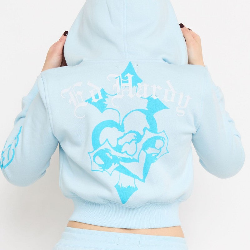 Blue Leopard Rhinestone Zip Front Hoodie BABY BLUE | Ed Hardy