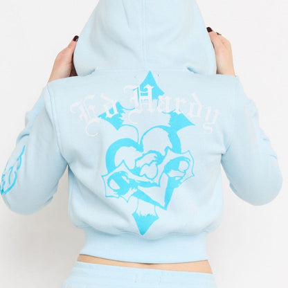 Blue Leopard Rhinestone Zip Front Hoodie BABY BLUE | Ed Hardy