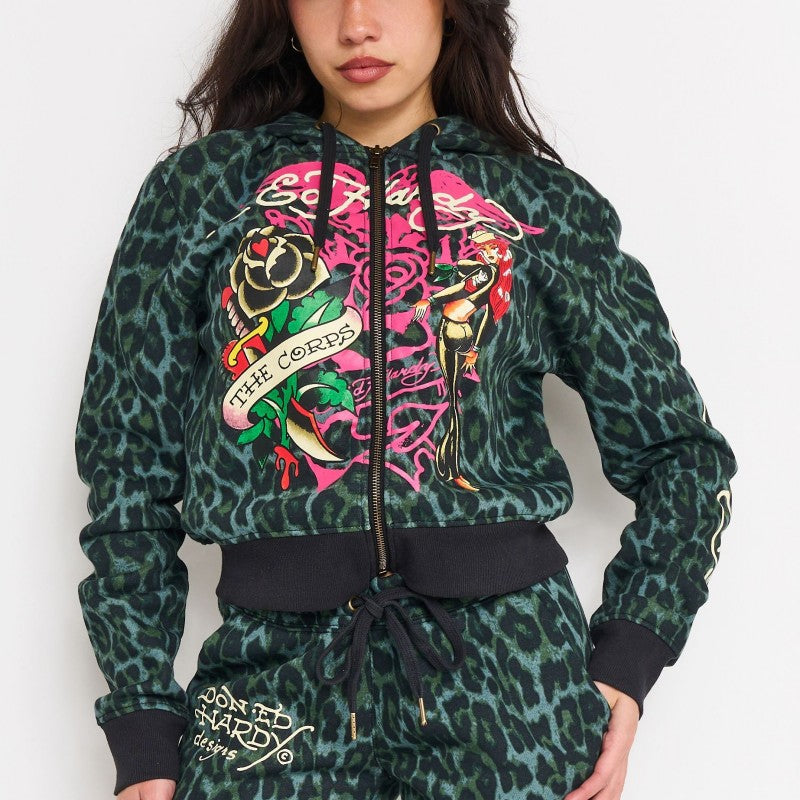 Anchor Rose Relaxed Zip Front Hoodie GREEN LEOPARD | Ed Hardy
