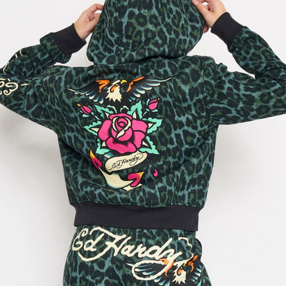 Anchor Rose Relaxed Zip Front Hoodie GREEN LEOPARD | Ed Hardy