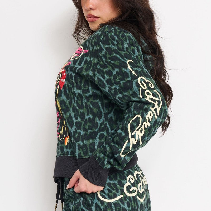 Anchor Rose Relaxed Zip Front Hoodie GREEN LEOPARD | Ed Hardy