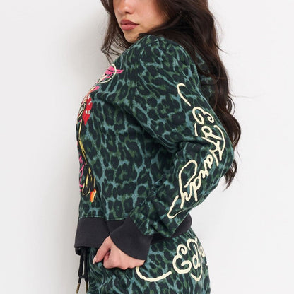 Anchor Rose Relaxed Zip Front Hoodie GREEN LEOPARD | Ed Hardy