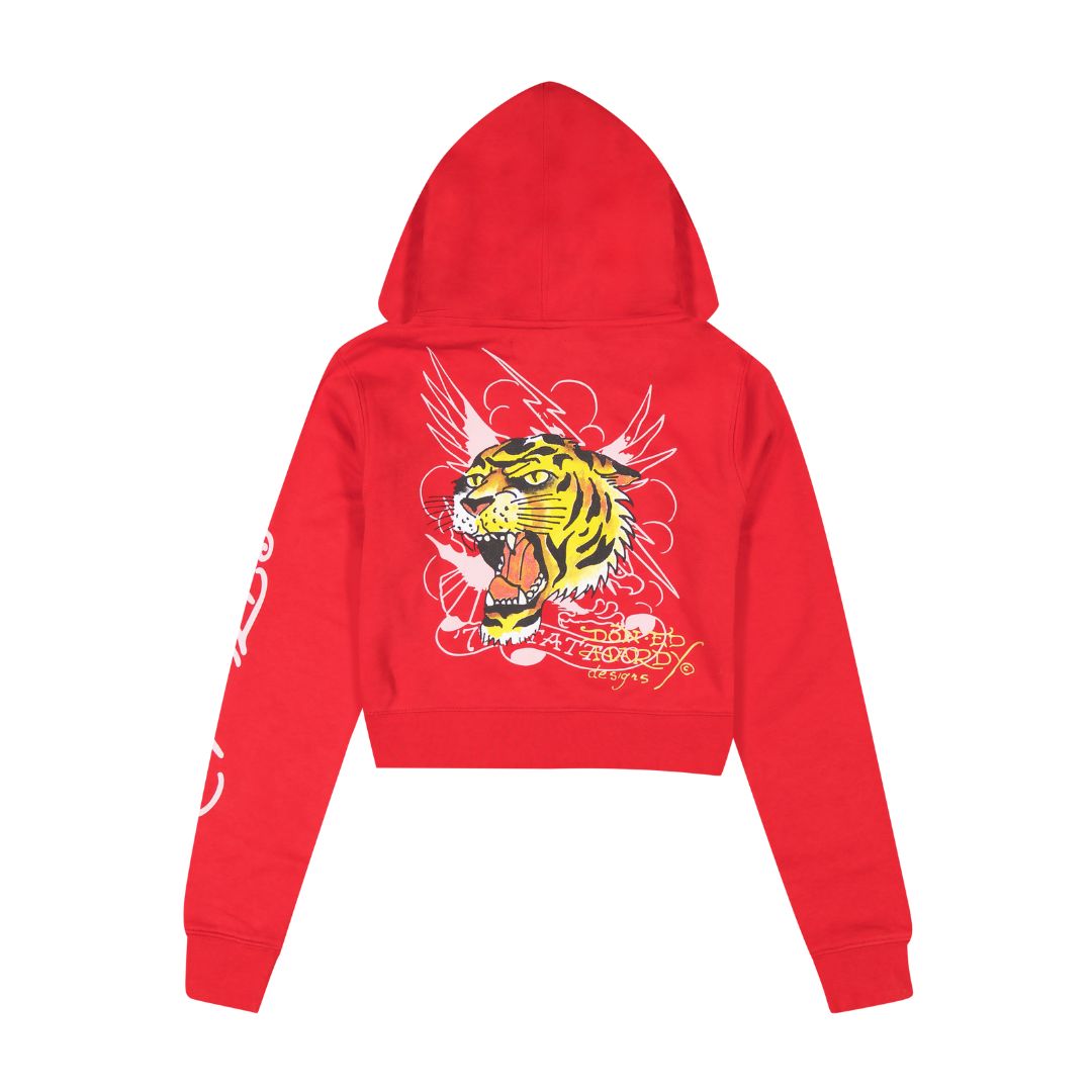 Tiger Mountain Zip Front Cropped Hoodie RED | Ed Hardy