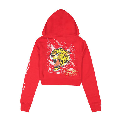 Tiger Mountain Zip Front Cropped Hoodie RED | Ed Hardy
