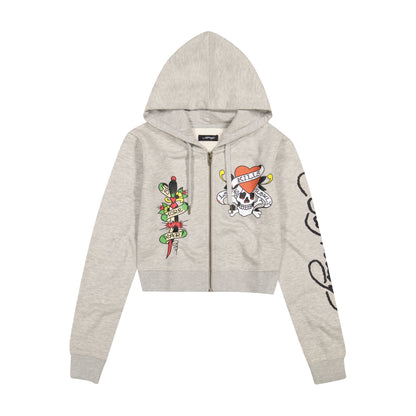 LKS Skull Zip Front Hoodie - Heather Grey HEATHER GREY | Ed Hardy