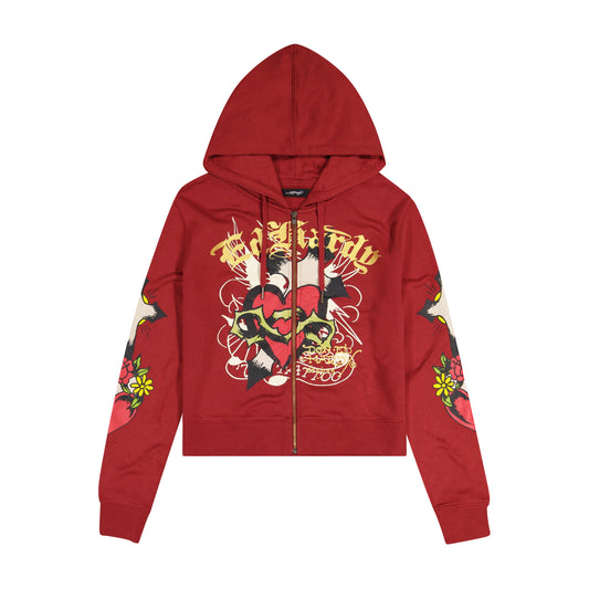 Sacred Heart Zip Front Hoodie (Relaxed) DARK CHERRY | Ed Hardy