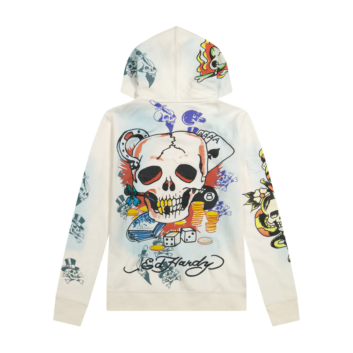 Skulls Long Fleece Hoodie | Women's Y2K Hoodie | Ed Hardy IVORY | Ed Hardy