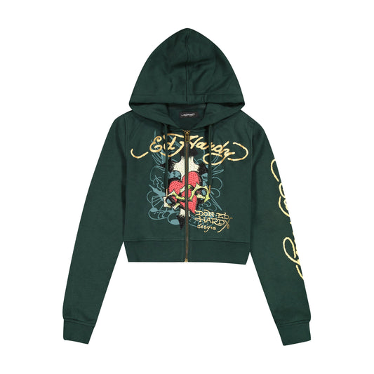 Sacred Heart Zip Front Rhinestone Hoodie HUNTER | Ed Hardy