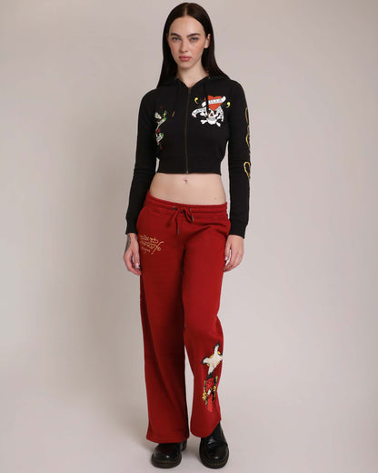 LKS Skull Black Zip Front Cropped Hoodie Black | Ed Hardy