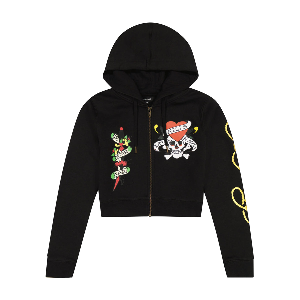 LKS Skull Black Zip Front Cropped Hoodie Black | Ed Hardy