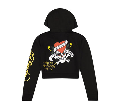 LKS Skull Black Zip Front Cropped Hoodie Black | Ed Hardy