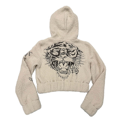 Tiger Hooded Sherpa Zip Up Jacket IVORY | Ed Hardy
