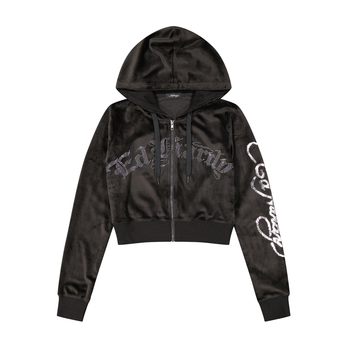 Tiger Head Y2K Velour Hoodie Black Velvet | Ed Hardy