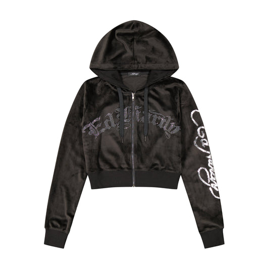 Tiger Head Y2K Velour Hoodie Black Velvet | Ed Hardy