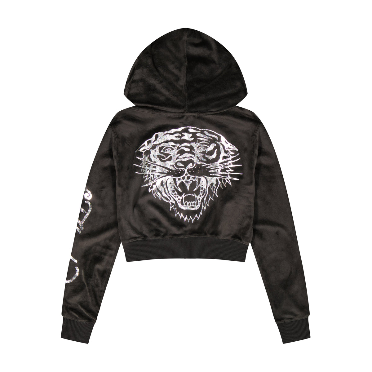 Tiger Head Y2K Velour Hoodie Black Velvet | Ed Hardy