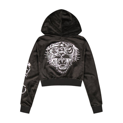 Tiger Head Y2K Velour Hoodie Black Velvet | Ed Hardy