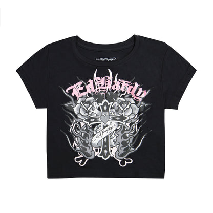 Flame Cross Baby Tee | Women's Y2K Baby Tee | Ed Hardy BLACK | Ed Hardy