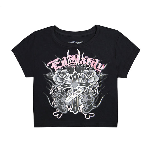Flame Cross Baby Tee | Women's Y2K Baby Tee | Ed Hardy BLACK | Ed Hardy