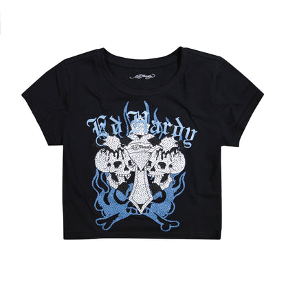 Skull Crosses Rhinestone Baby Tee | Women's Y2K Tee | Ed Hardy BLACK | Ed Hardy