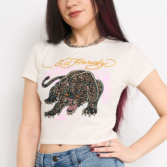 Leopard Panther Baby Tee | Women's Y2K Tee | Ed Hardy IVORY | Ed Hardy