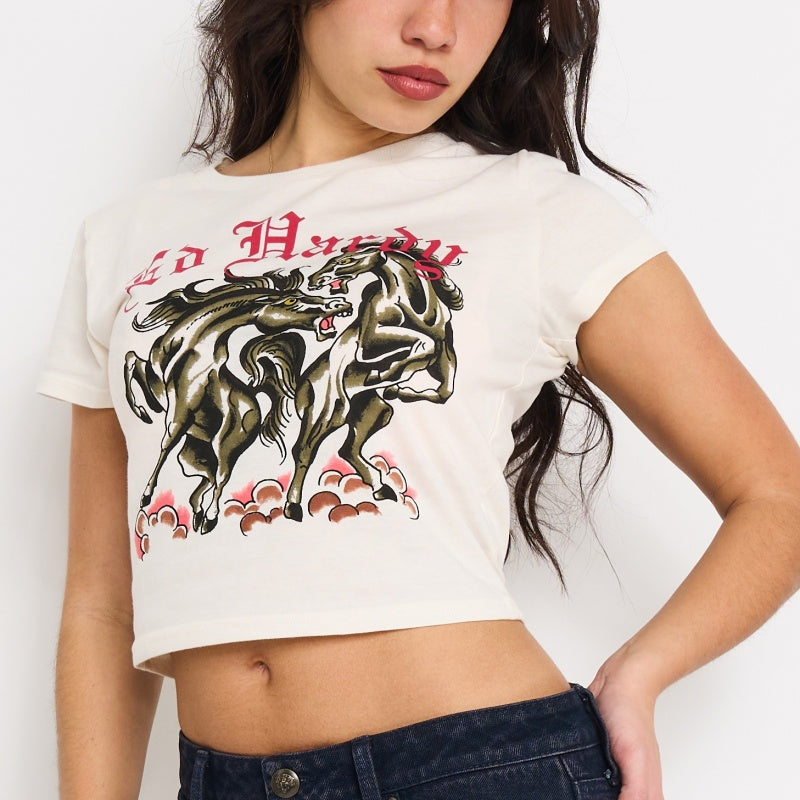 Battle Horses Baby Tee | Women's Y2K Baby Tee | Ed Hardy IVORY | Ed Hardy
