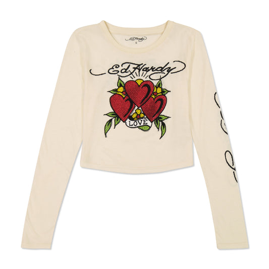 Rhinestone Long Sleeve Hearts Baby Tee Ivory | Ed Hardy