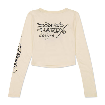 Rhinestone Long Sleeve Hearts Baby Tee Ivory | Ed Hardy