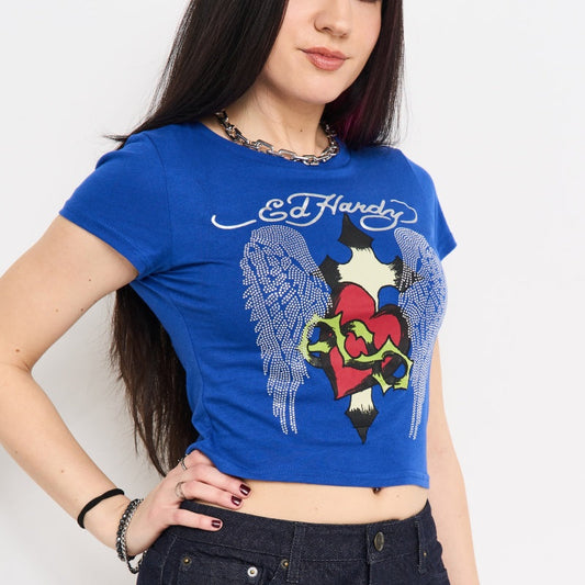 Sacred Heart Wings Rhinestone Baby Tee | Women's Tee | Ed Hardy COBALT | Ed Hardy