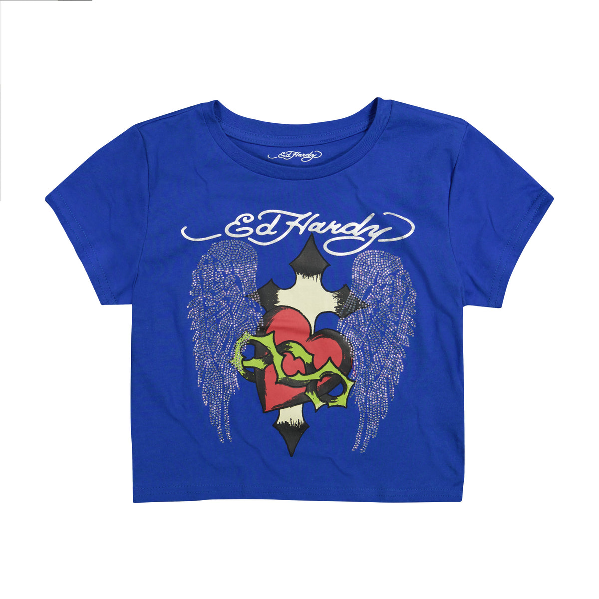 Sacred Heart Wings Rhinestone Baby Tee | Women's Tee | Ed Hardy COBALT | Ed Hardy