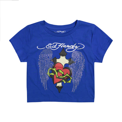 Sacred Heart Wings Rhinestone Baby Tee | Women's Tee | Ed Hardy COBALT | Ed Hardy