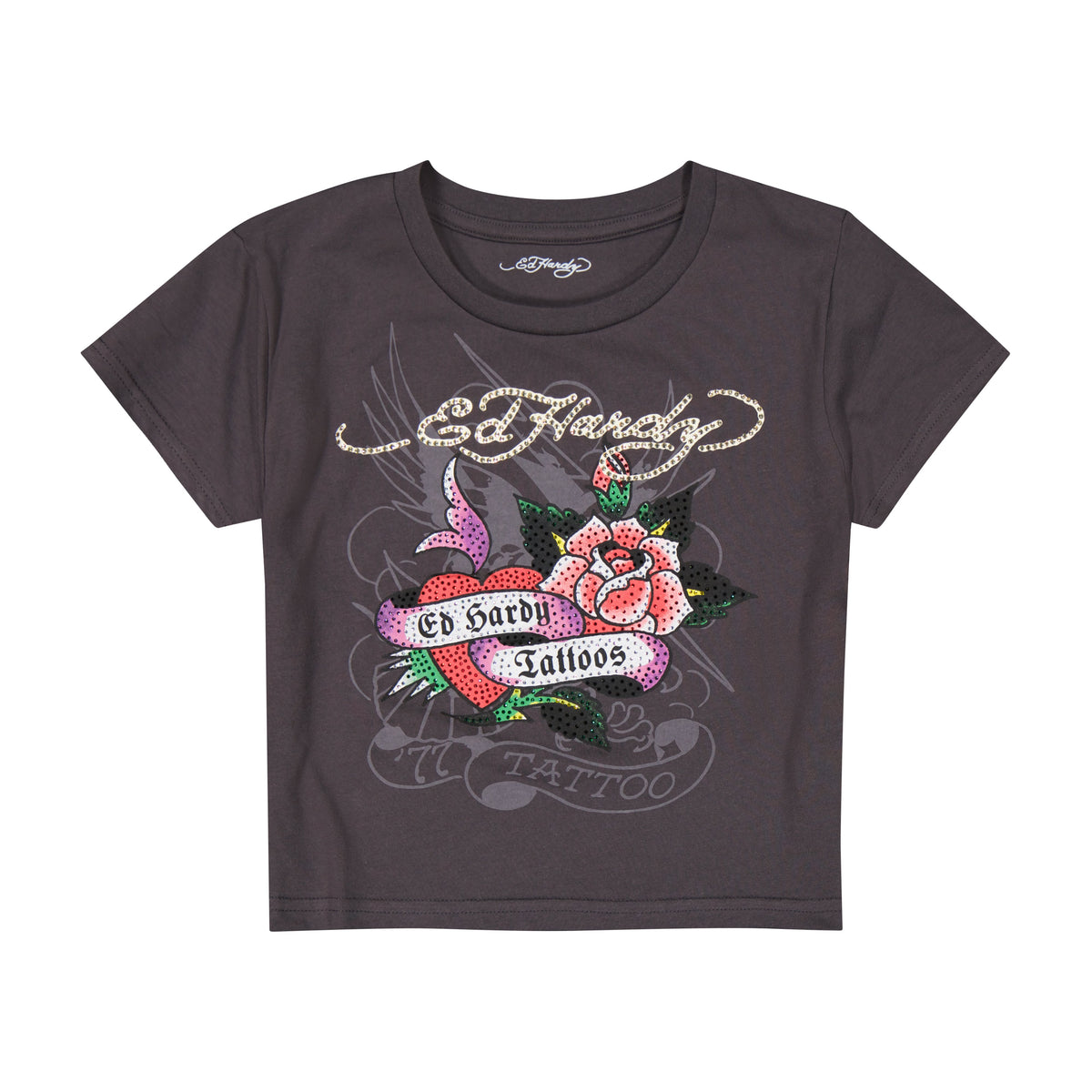 Rose Heart Baby Tee - Charcoal CHARCOAL | Ed Hardy