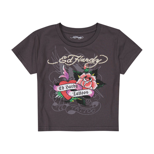 Rose Heart Baby Tee - Charcoal CHARCOAL | Ed Hardy