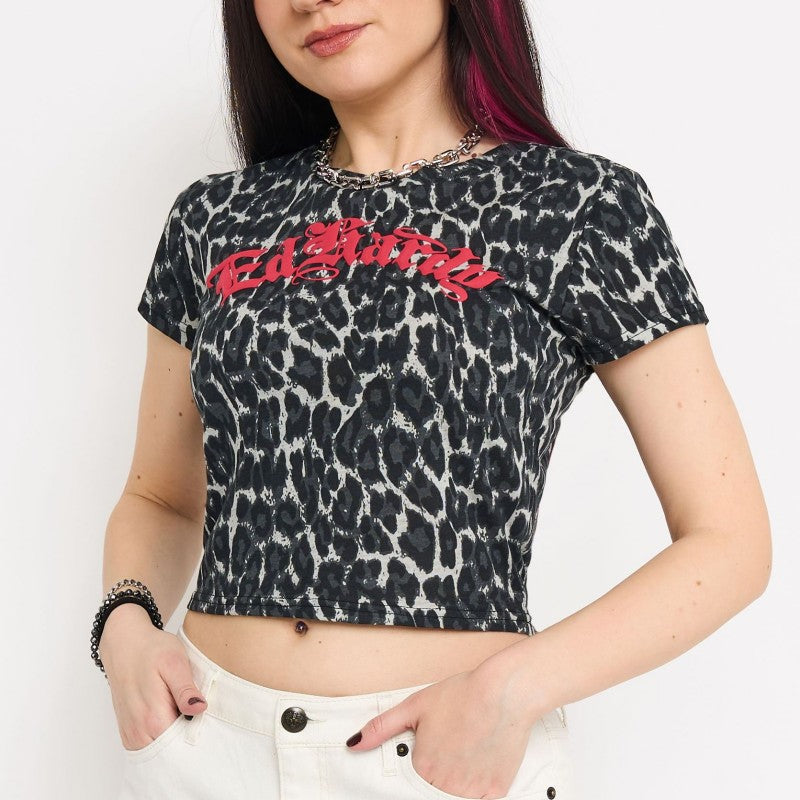 Sacred Heart Puffed Heart Baby Tee BLK/WHT LEOPARD | Ed Hardy
