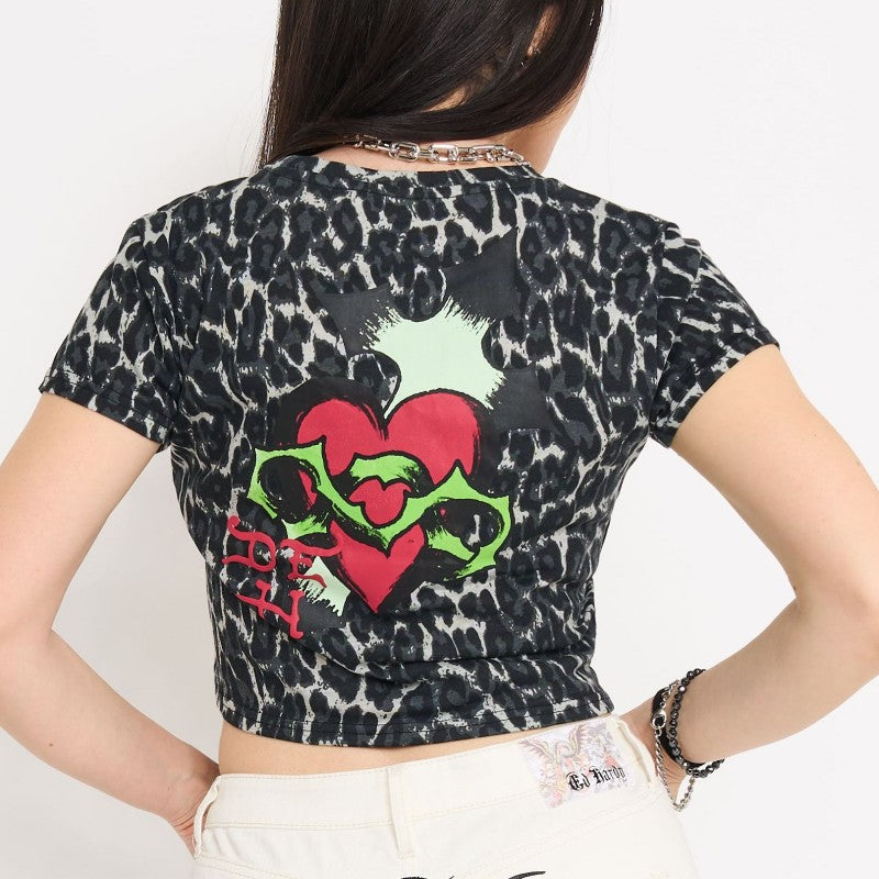 Sacred Heart Puffed Heart Baby Tee BLK/WHT LEOPARD | Ed Hardy