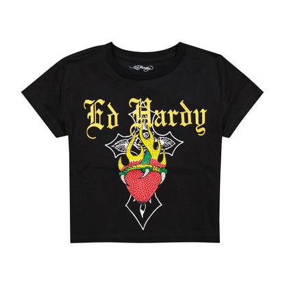 Heart Flame Rhinestone Baby Tee BLACK | Ed Hardy