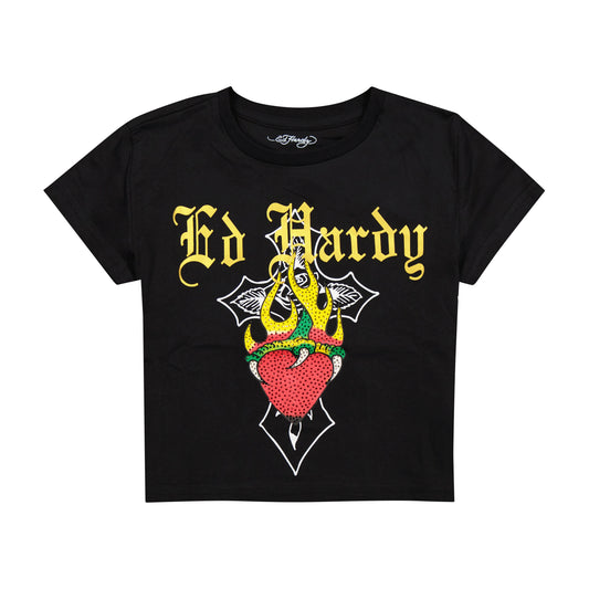 Heart Flame Rhinestone Baby Tee BLACK | Ed Hardy