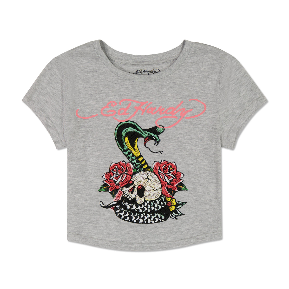 Rose Cobra Rhinestone Baby Tee HEATHER GREY | Ed Hardy